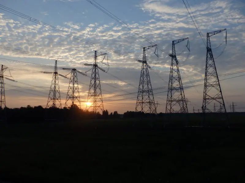 Sunset against pylon lines along the Trans-Siberian Railway.