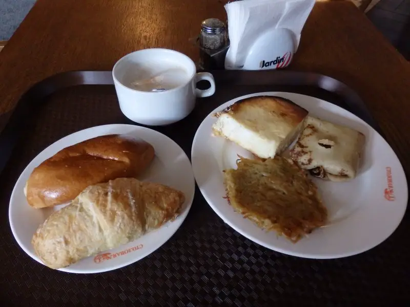 Breakfast at a stolovaya, a Russian style canteen.