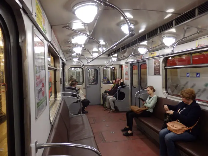 Inside a St Petersburg metro train. Saint Petersburg, Russia.