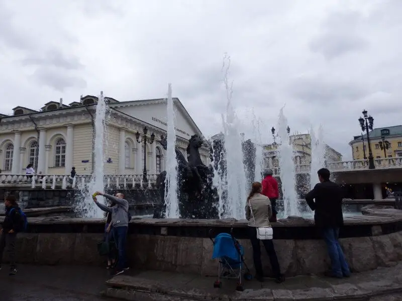 Fountains at the Alexandrovsky Gardens, along the western side of the Kremlin walls. Moscow, Russia. 