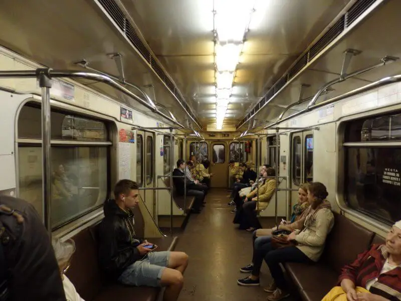 Inside a Moscow metro train.
