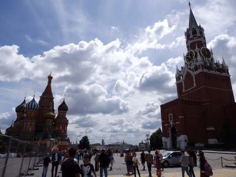 Spasskaya Tower and St Basil's Cathedral, Red Square. Moscow Russia. 