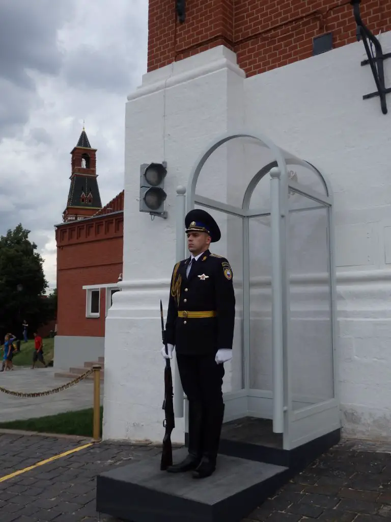 Guard outside the Spasskaya Tower. Red Square, Moscow. 