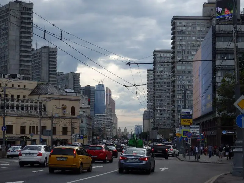 Buildings of contrasting eras down the street. Moscow, Russia.