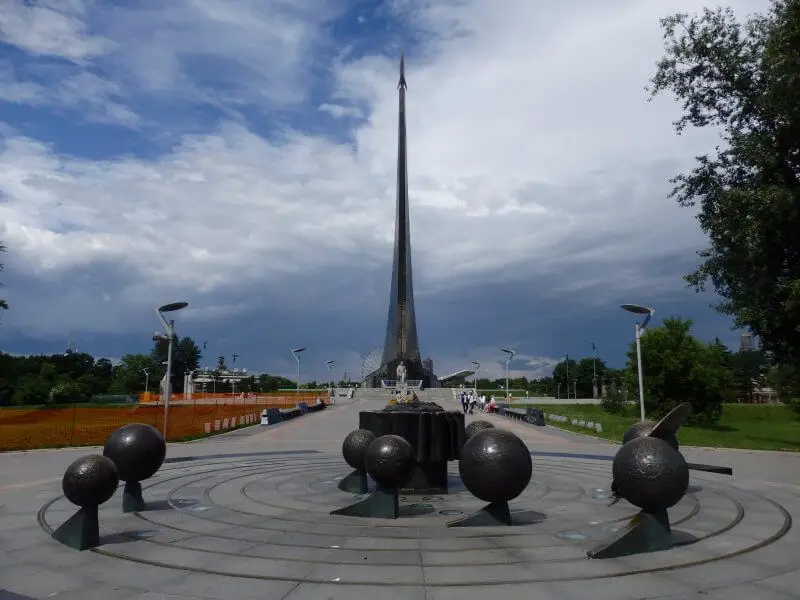 Along Cosmonauts Alley, a park and walkway leading from the metro station to the Museum of Cosmonautitcs. Moscow, Russia. 