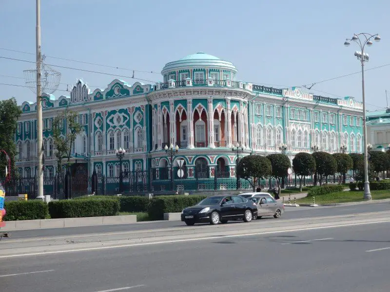 The beautiful Sevastyanov’s House along Prospekt Lenina, beside the Isset river dam. Yekaterinburg/ Sverdlovsk, Russia