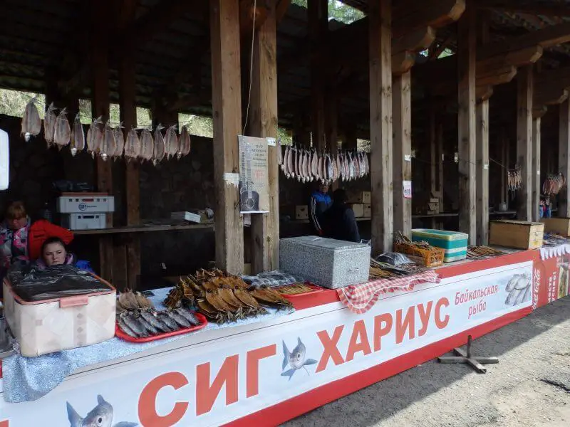 Local fish market selling smoked omul, a local delicacy. Lake Baikai, Siberia.