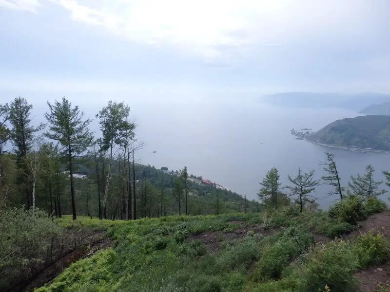 Top of the hill. Panoramic view of Lake Baikal. Siberia, Russia.