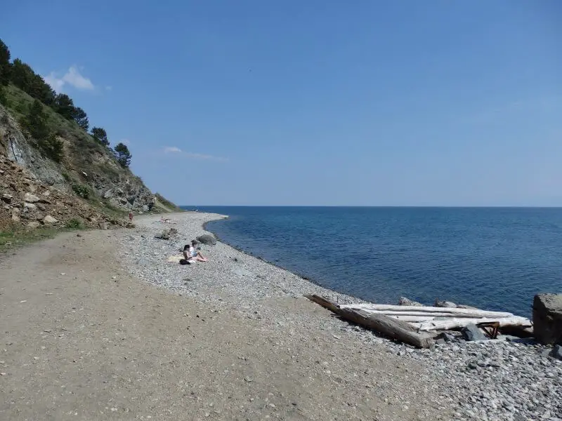 Start of the hike to Bolshie Koty, from Listvyanka, along Lake Baikal. Siberia, Russia.