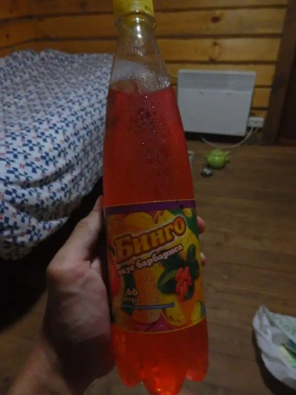 Enjoying a soft drink in my room at Lesnaya 7, Bolshie Koty. Lake Baikal, Siberia, Russia.