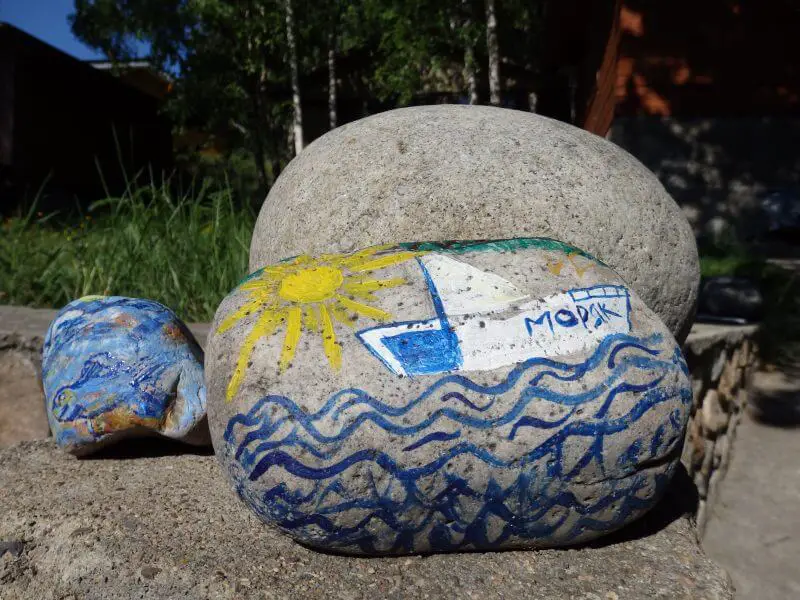 Painted rocks at Bolshie Koty, Lake Baikal. Siberia, Russia.