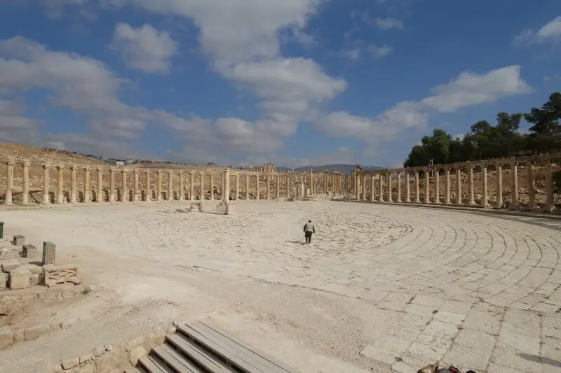 The Forum (Oval Plaza), from the steps to the Temple of Zeus. Jerash, Jordan.