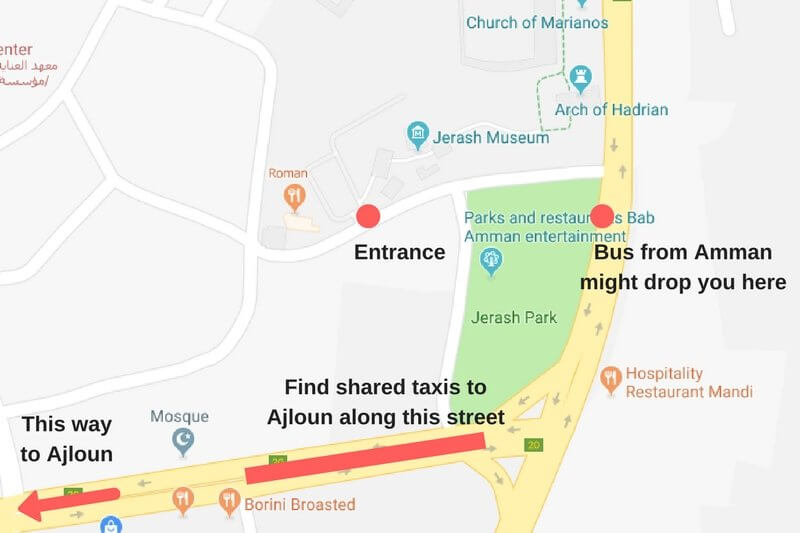 Finding shared taxis to get to Ajloun from Jerash.