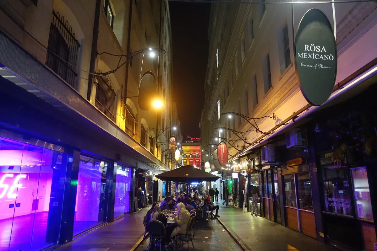 Streets of Melbourne, after dark.